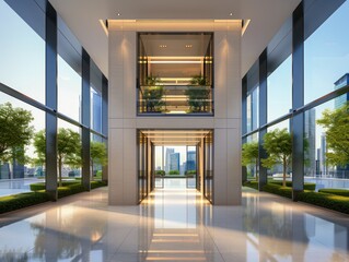 Modern Architecture Building with Sleek Glass Facade and Interior Lift, High-Tech Construction Tools for Efficient Building Construction
