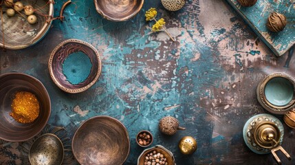 Assorted Bowls and Spices on Textured Surface