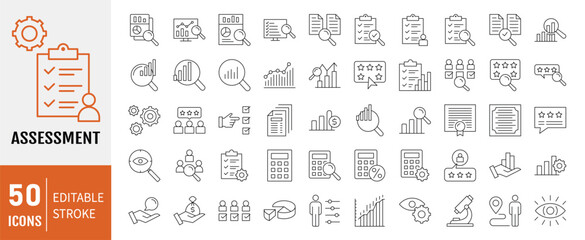 Assessment editable stroke outline web icons set. Audit, analysis, plan, evaluation, result and goal. Vector illustration