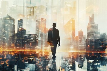 Fototapeta premium Silhouette of Businessman Over City Skyline.