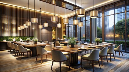 Fototapeta premium Elegant dining experience featuring modern lighting design, sophisticated, upscale, contemporary, stylish, trendy