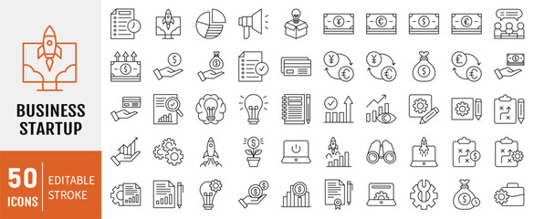 Business startup icon set. Editable stroke. Containing as innovation, business plan, investment, launch, funding, investor and entrepreneurship, and more. Vector illustration