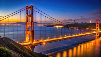 Fototapeta premium Iconic Golden Gate Bridge illuminated at night with city lights in the background, Golden Gate Bridge, San Francisco
