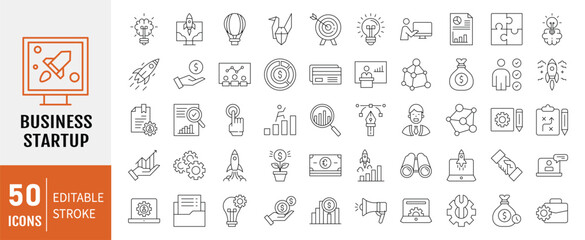 Startup icon set. Containing innovation, business plan, investment, launch, funding, investor and entrepreneurship icons. 