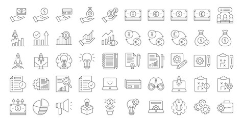 Startup icon set. Containing innovation, business plan, investment, launch, funding, investor and entrepreneurship icons. 