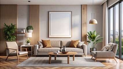 Fototapeta premium Modern interior with a mockup poster frame in a contemporary living room setting , render, poster mockup