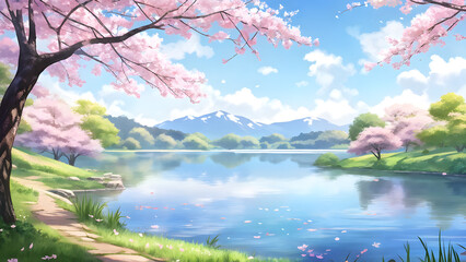 spring landscape with lake and trees