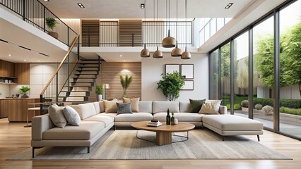 Fototapeta premium Modern house interior with minimalist design and neutral color palette, modern, house, interior, minimalist, design