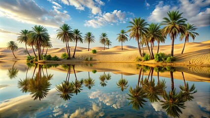 Fototapeta premium Mirage of an oasis in the desert with palm trees reflected in the sand , desert, fata morgana, mirage, oasis, illusion, palm trees