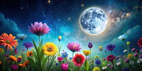 Fototapeta premium Vibrant flowers blooming under the moonlight, night, flowers, vibrant, blooming, moonlight, darkness, petals, nature