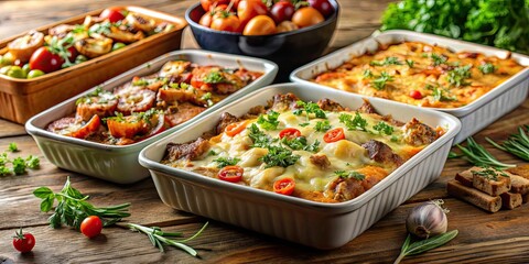 Close-up of mouthwatering homemade casseroles with flavorful meat and farm-fresh vegetables, casserole, homemade