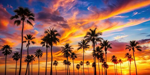 Palm trees silhouetted against a vibrant summer sunset sky , Tropical, exotic, beach, landscape, nature
