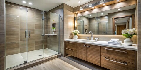 Fototapeta premium Ensuite bathroom with spacious shower and sleek vanity, ensuite, bathroom, large shower, vanity, modern, luxury, interior