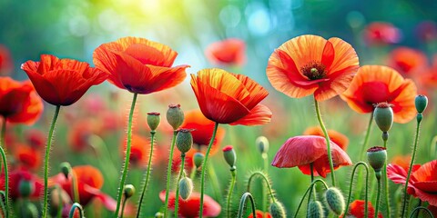 Fototapeta premium Vibrant red poppy flowers in full bloom with green stems and leaves , poppy, flowers, red, vibrant, bloom, nature, plant, garden
