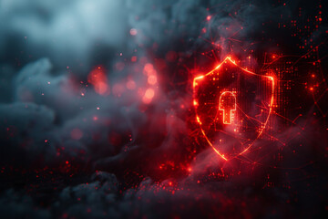 Fototapeta premium Safety protection and information privacy concept with digital padlock in shield on abstract dark background with technological virtual fog and space for advertising text. 3D rendering, mock up 