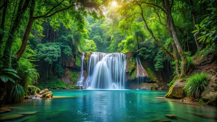 Peaceful waterfall surrounded by lush forest trees and vegetation, waterfall, forest, nature, serene, tranquil, landscape