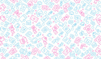 Vector seamless tickets pattern with line icons on background