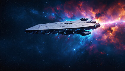 Obraz premium Sleek Silver Interstellar Spaceship in Nebula