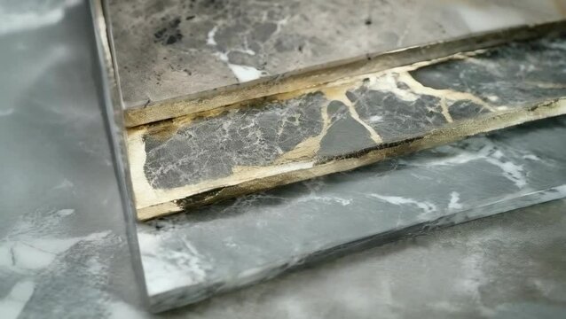 A detailed close-up of three distinct marble slabs in varying shades of gray, black, and brown. The slabs are stacked on a table, highlighting their textures and patterns. Indoor setting during the