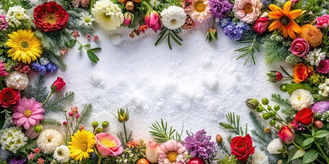 Snowy floral frame featuring a variety of colorful flowers and greenery, winter, frozen, botanical, nature, seasonal