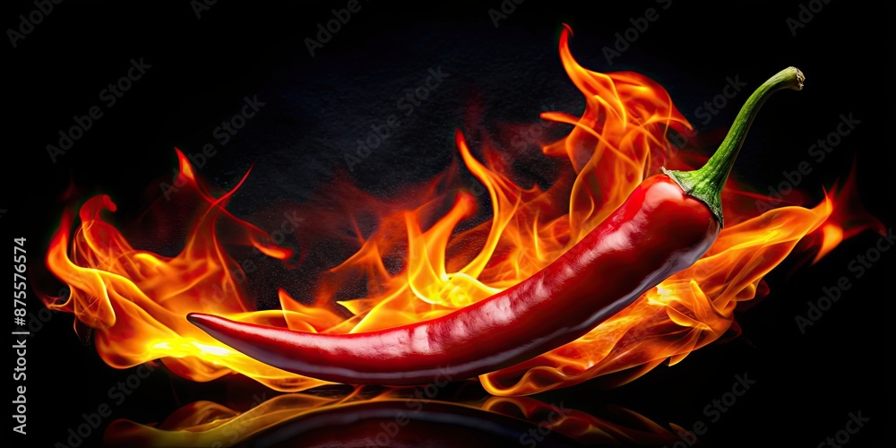 Poster Red chili pepper surrounded by fiery flames on a black background, representing spicy and hot spices , red chili pepper, spicy