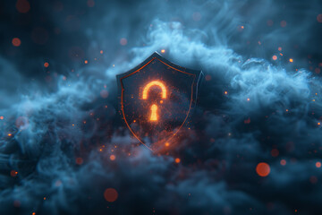 Safety protection and information privacy concept with digital padlock in shield on abstract dark background with technological virtual fog and space for advertising text. 3D rendering, mock up 