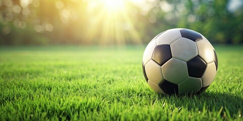 Fototapeta premium Traditional soccer ball on lush green grass field, soccer, ball, sport, grass, field, traditional, outdoor, exercise, game