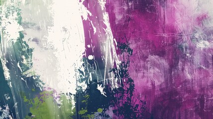 Abstract grunge image with shabby paint in a fashionable aquarelle print of indigo magenta white and green colors
