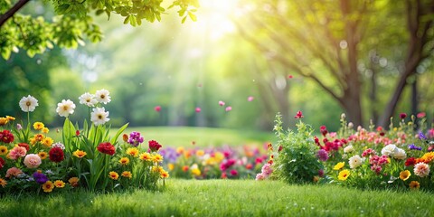 Fototapeta premium Summer lawn being mowed with lush green grass and flowers blooming , landscaping, maintenance, gardener
