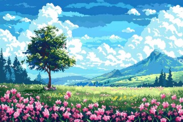 Obraz premium Pixel art background meadow with flowers and trees sky clouds mountains.