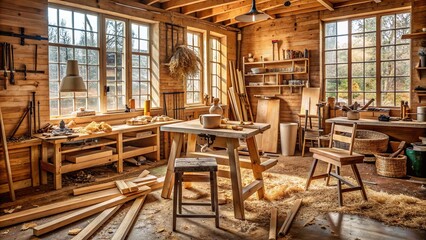 Fototapeta premium Warmly lit carpentry studio filled with various wooden planks, tools, and equipment, with a half-finished wooden chair on a workbench, surrounded by wood shavings.