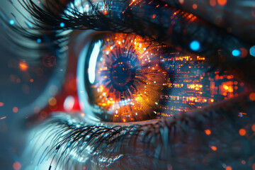 Illustration of digital eye neon style on dark blue background, computer vision and hightech technology concept. 3D Rendering 