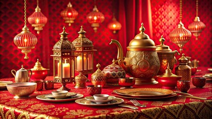Obraz premium Vibrant red tablecloth adorned with golden ornaments, lanterns, and intricately designed plates, utensils, and tea sets, set against a auspicious gold and red background.