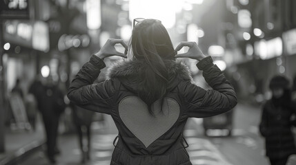 A woman wearing a black coat with a heart on it stands on a city street