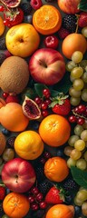 Design a captivating birds-eye view graphic showcasing a variety of fresh, colorful fruits arranged in an eye-catching pattern The image should evoke a sense of abundance, freshness, and healthy livin