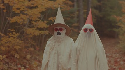 Obraz premium halloween costumes standing amidst plants in garden