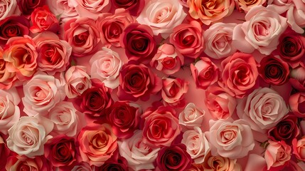 Obraz premium Rose pattern in multi-color, red rose, pink rose in flower bouquet for background and wallpaper with soft pink paper background. 