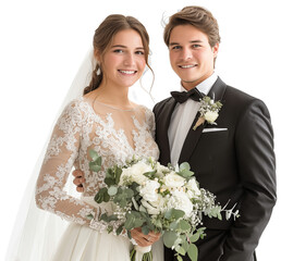 Bride and groom in wedding outfits with a bouquet of flowers standing side by side and smiling on a transparent background