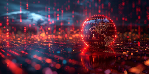Global cyber security concept with digital closed pad lock, earth planet globe and binary code on modern laptop background, double exposure 