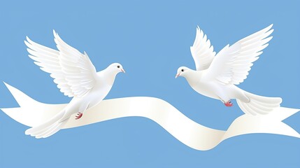Fototapeta premium Two white doves carrying a white banner isolated on a blue background, peace concept