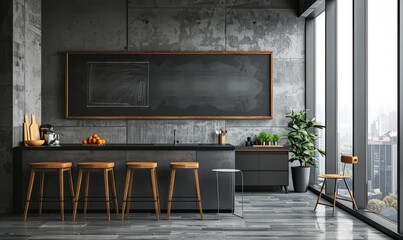 Minimalist kitchen with an empty chalkboard on the wall