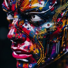 a close up of a robots face with colorful paint on it