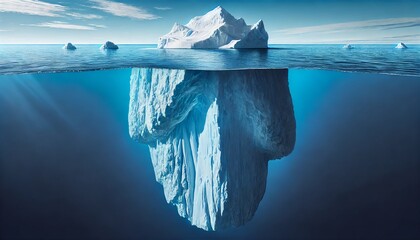 Iceberg in clear blue water and hidden danger under water. Iceberg - Hidden Danger And Global Warming Concept. Floating ice in ocean. Copyspace for text and design