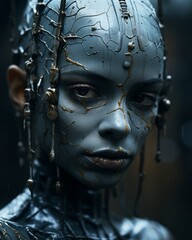 a close up of a woman in a futuristic costume
