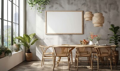 Minimalist dining room with an empty frame on the wall