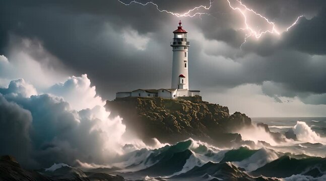 A towering lighthouse stands on a rocky cliff