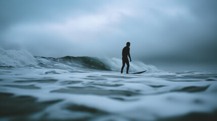 A surfer is standing on a surfboard in the ocean