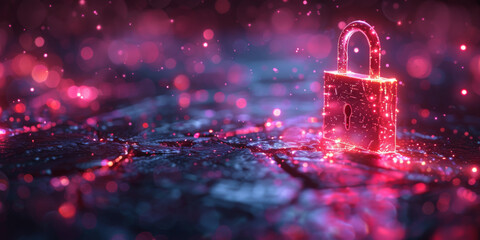 Glowing security padlock on purple backdrop. Digital interface and protection concept. 3D Rendering. 