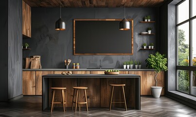 Minimalist kitchen with a blank chalkboard on the wall