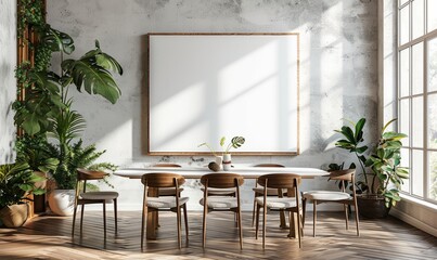 Modern dining room with a mockup canvas on the wall